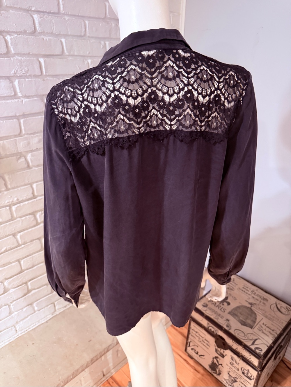 Sézane Black Silk Lace Yoke Button Front Blouse Size 44 French Chic - Picture 11 of 16